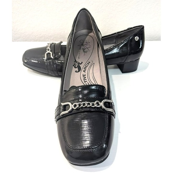 LifeStride Shoes - Black Patent Block Heel Loafer Silver Chain Y2K LifeStride Women 10M Soft System